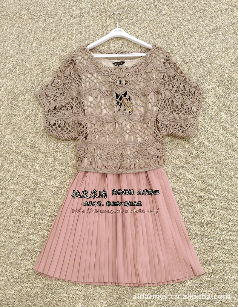 欧美原单女装批发 2013春装新款 毛线钩针两件套百褶连衣裙