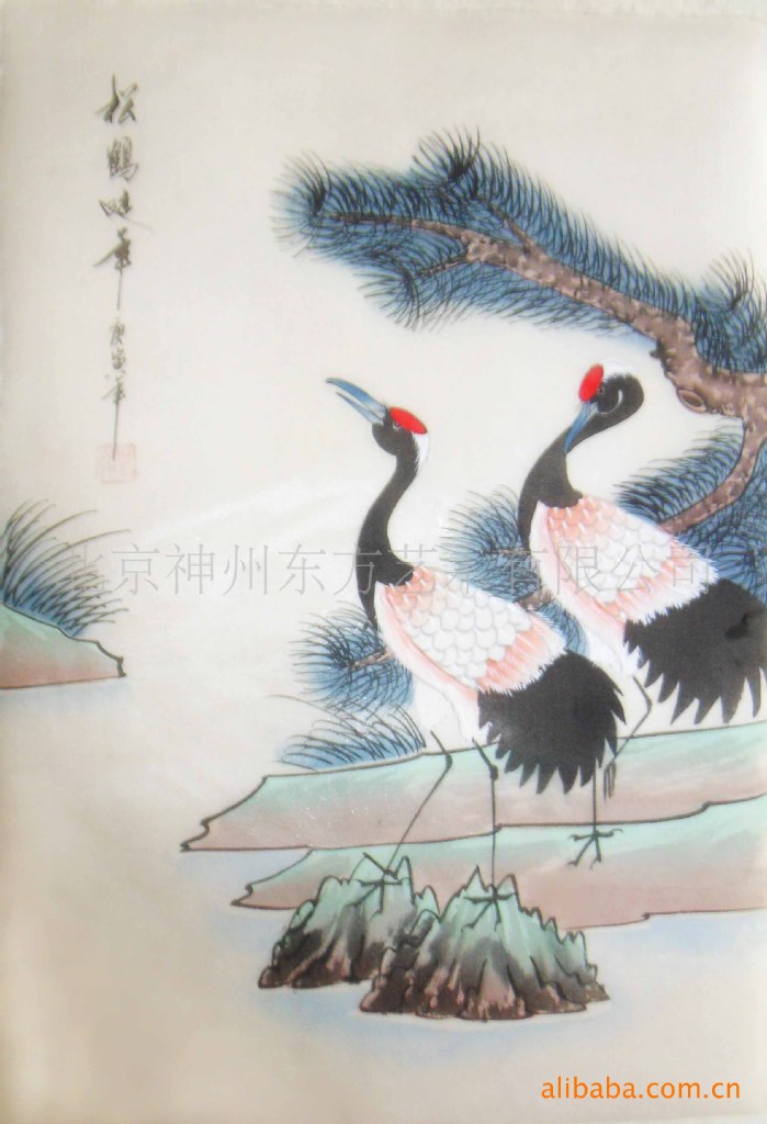 北京国画字画丝绢画松鹤延年工笔花鸟26*38cm