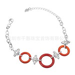 千影 925银手链 纯银手链 红玛瑙环手链 银花朵手链 欧美风尚