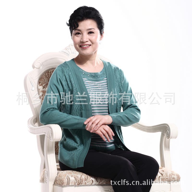 2012韩版秋装新款女装圆领条纹假两件中老年妈妈装羊毛衫羊绒衫