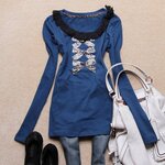 双双服装2011新款 领口黑色钩花边豹纹闪片蝴蝶结长袖T恤