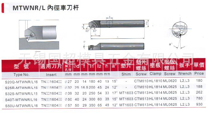 台湾进口数控刀具MTWNR/L内径60°车刀杆