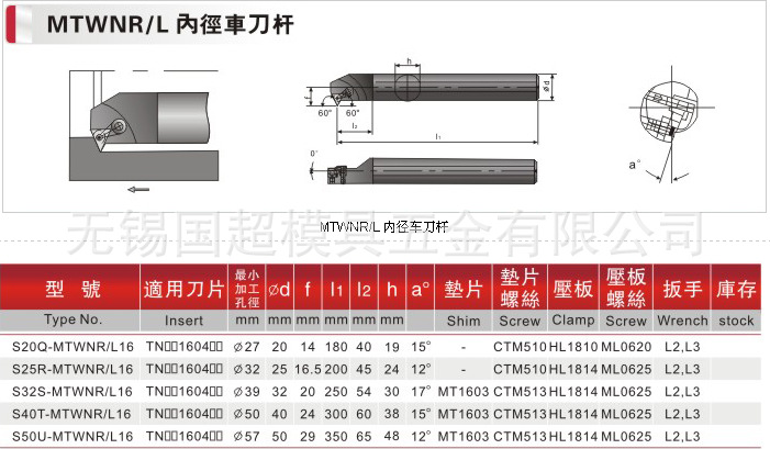 台湾进口数控刀具MTWNR/L内径60°车刀杆
