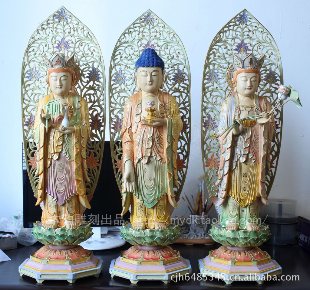 厂家直销优质《木韵雕刻》淡彩砌金西方三圣佛像图片_21