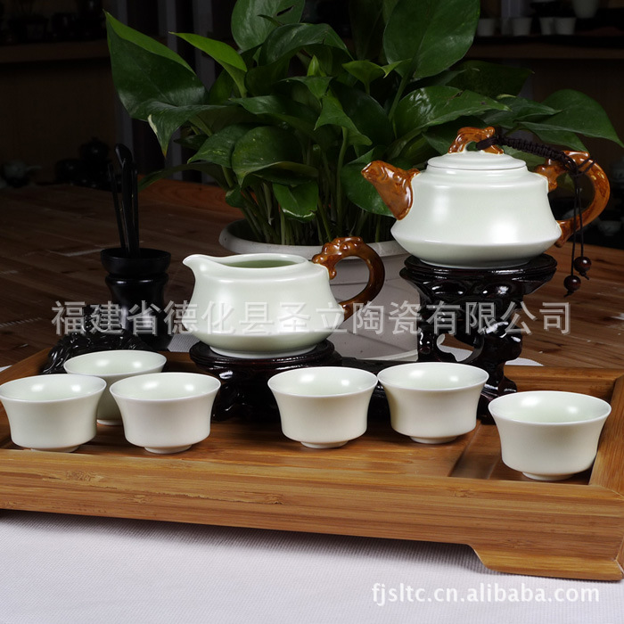 龙行天下 8入月青手彩茶具套装  定窑茶具