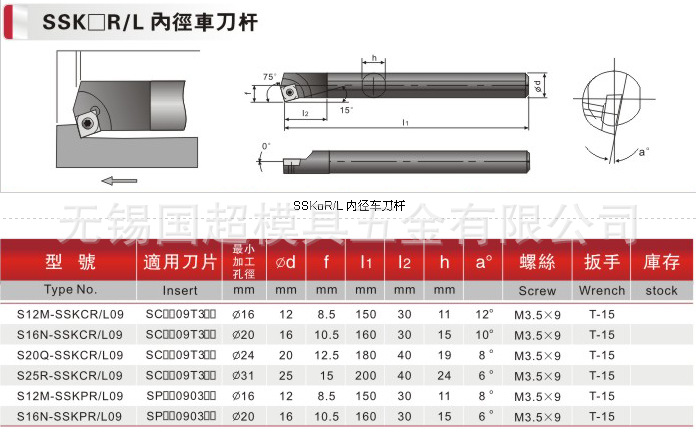 台湾进口数控刀具SSKCR/L75°内径车刀杆