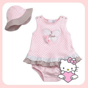 210073hello kitty粉色波點連身包屁哈衣女童哈裙連帽2件套批32*4工廠,批發,進口,代購