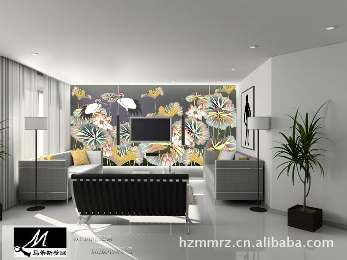 大型壁画/卧室背景墙纸画/沙发电视装饰画/荷叶荷花仙鹤