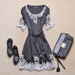双双服装2012新款 盘花麻绳腰带丝质连衣裙