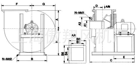 4-72型玻璃钢离心风机A式外形安装尺寸