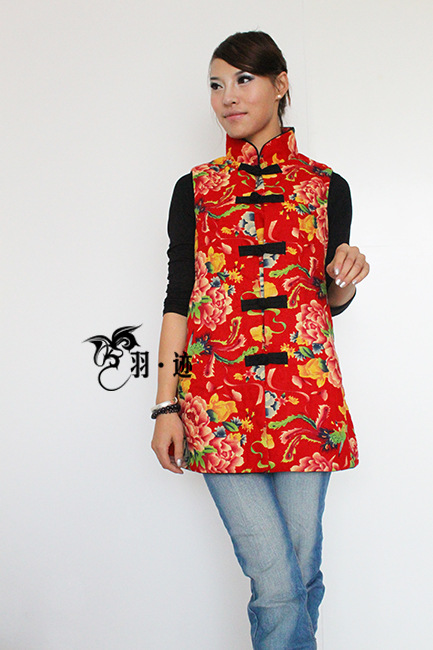 中式改良牡丹花布盘扣对襟马甲女长款棉马甲4色民族服饰春装