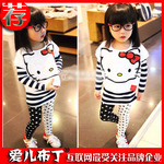 大额批发 2012春款 超萌Kitty短袖T恤+无袖条纹裙衣两件套童套装