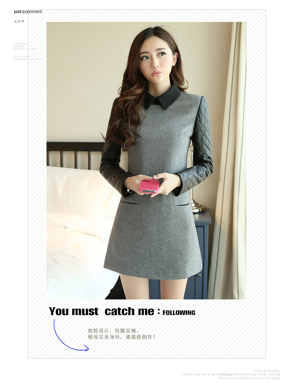 2013秋裝新品 修身OL顯瘦氣質毛呢拼接連衣裙