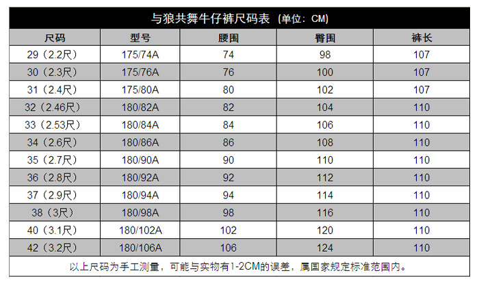 與狼共舞牛仔褲尺碼表