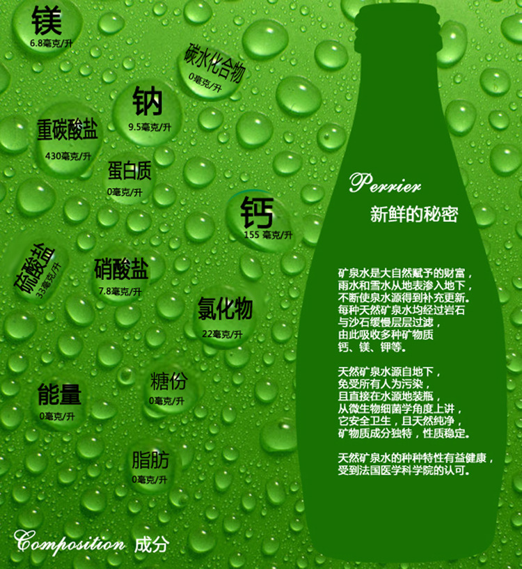 法国进口天然矿泉水 perrier巴黎水天然含气矿泉水原味330ml