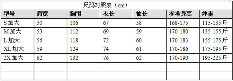 XW帽衫尺碼表 身高體重