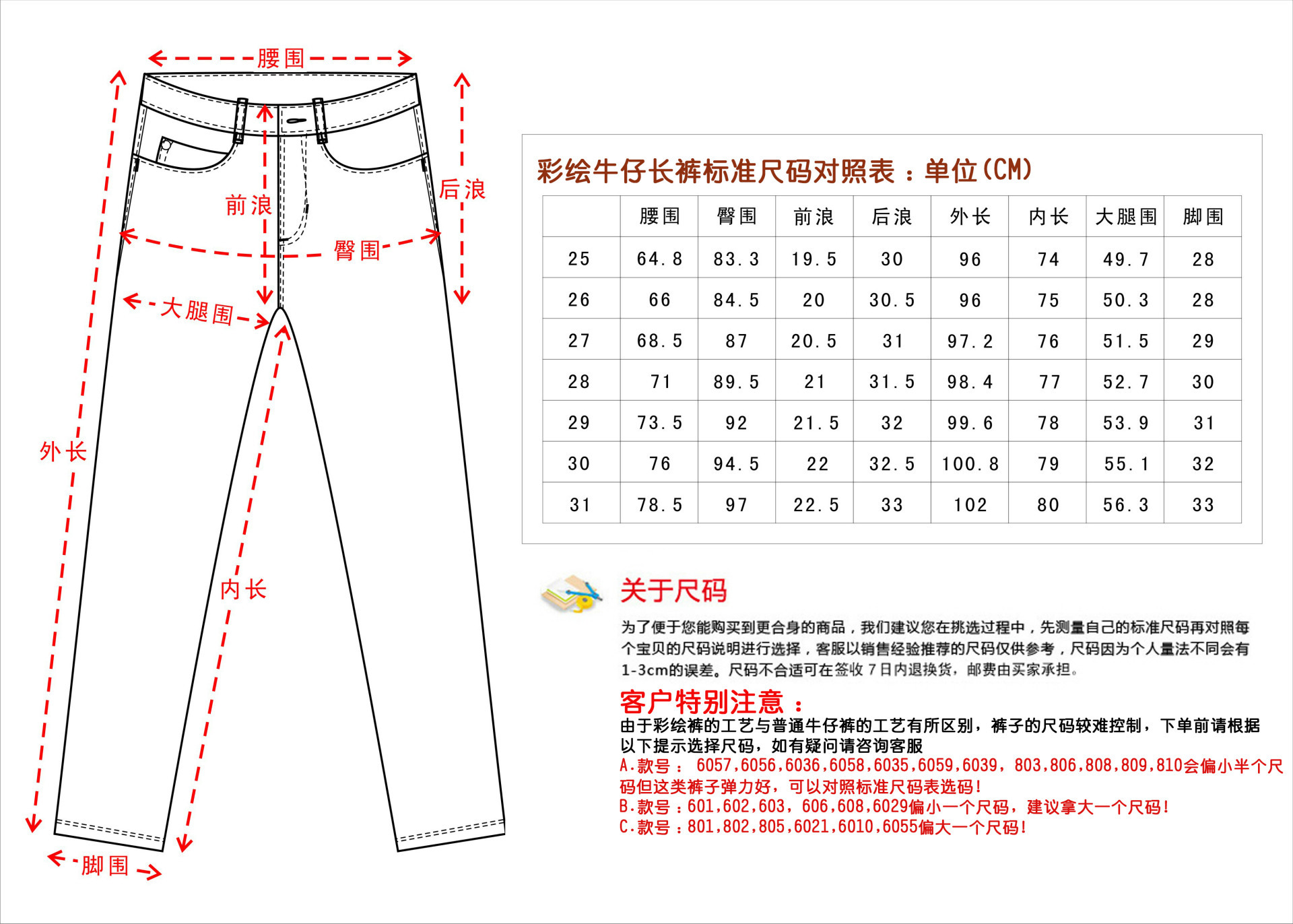 彩繪牛仔褲尺碼表