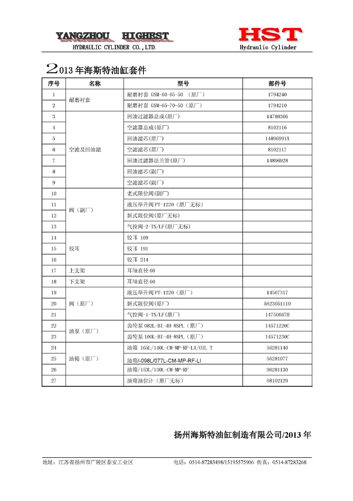 HST油缸系統套件類型1