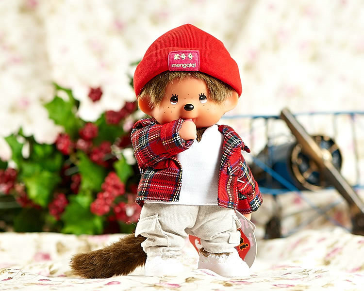 monchhichi/正版蒙奇奇 20cm 红色格仔男孩