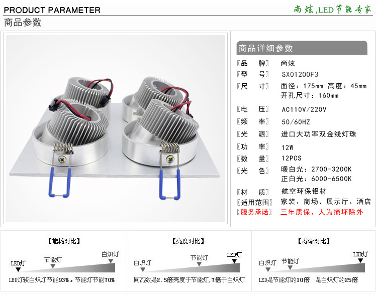 12W LED格栅灯参数