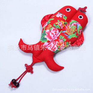 中国传统手工东北大花布布艺大号双鱼挂饰 乌镇民族风对鱼壁饰