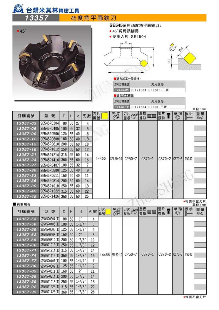 13357 45°角平面铣刀