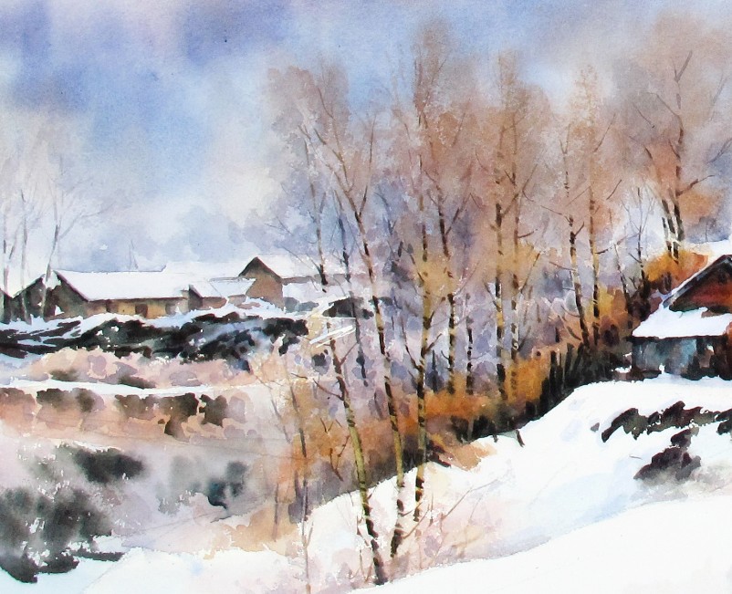 纯手绘雪景水彩画 赵生国作品原稿 田园水彩风景 家庭