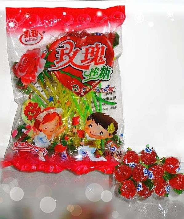 食品糖果批发 全球热销 最新袋装 草莓口味 玫瑰棒棒糖 散装