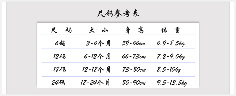 肩開尺碼表