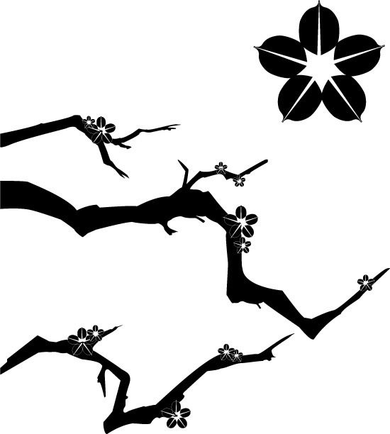梅花树枝剪影矢量图,梅花剪影,花朵,树枝,黑白花枝,植物剪影