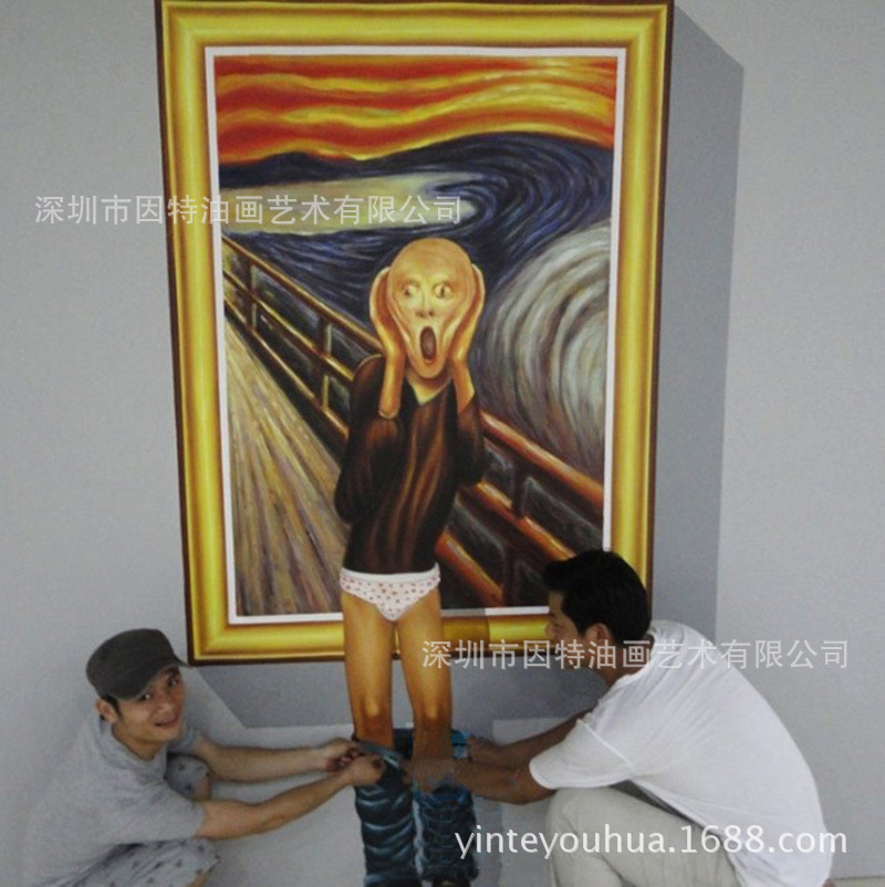 纯手工3D油画高端墙绘彩绘地画逼真写实3D立体画