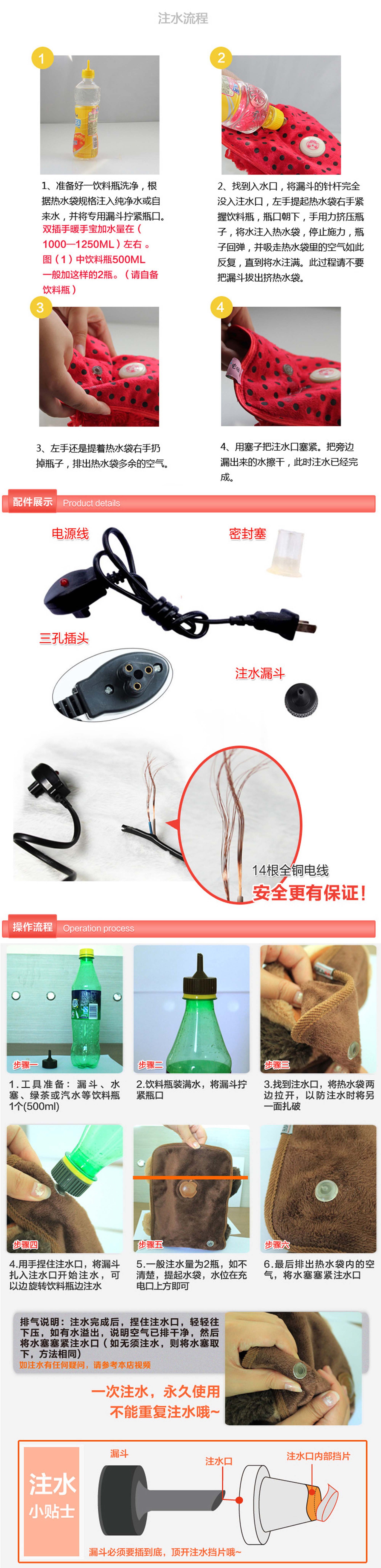 雙插手電熱水袋加水示意圖