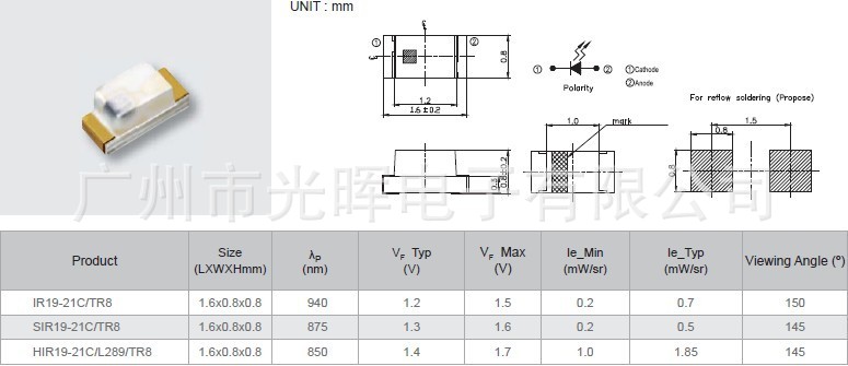 0603贴片红外线发射管IR19-21C-TR8参数