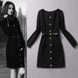 歐美春秋新款女裝紐扣腰帶裝飾長袖修身顯瘦針織氣質連衣裙