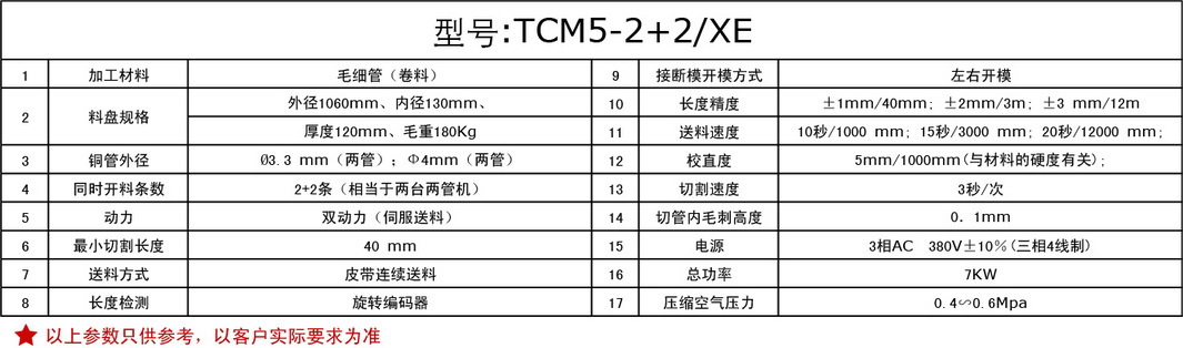 小管无屑开料机表格