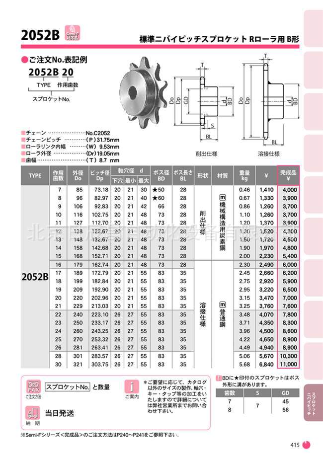 日本片山链条kana 标准2052双节距链轮 r滚子用b形 2052b10