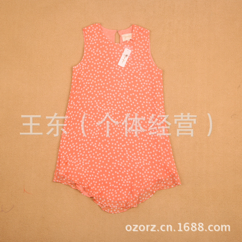 欧美外贸原单橙色波尔卡圆点荷叶边一粒扣无袖背心裙子