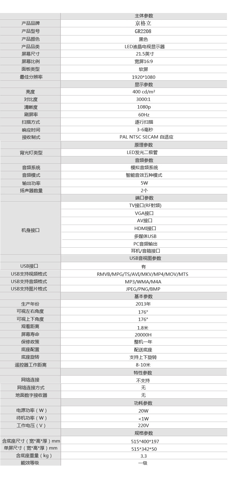 22寸液晶电视参数