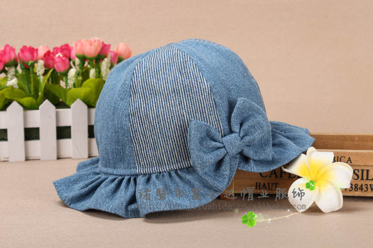 新款帽子 韩版女童牛仔布条纹盆帽 双层蝴蝶结儿童渔夫帽春季帽子图片