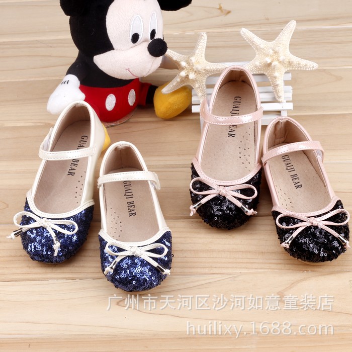 正品韩版秋款新品 爆款亮片拼色蝴蝶结女童单鞋爆款热销童鞋12-90
