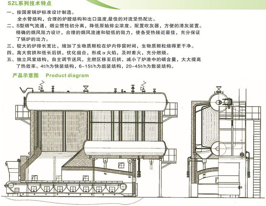 双锅筒纵置式生物质颗粒链条炉排蒸汽锅炉