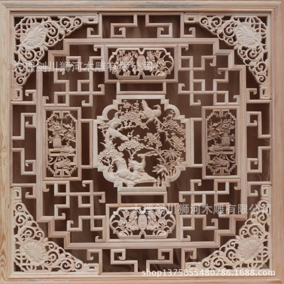 云南大理剑川木雕仿古中式窗四方花格子镂空条子观景窗,寺庙客栈