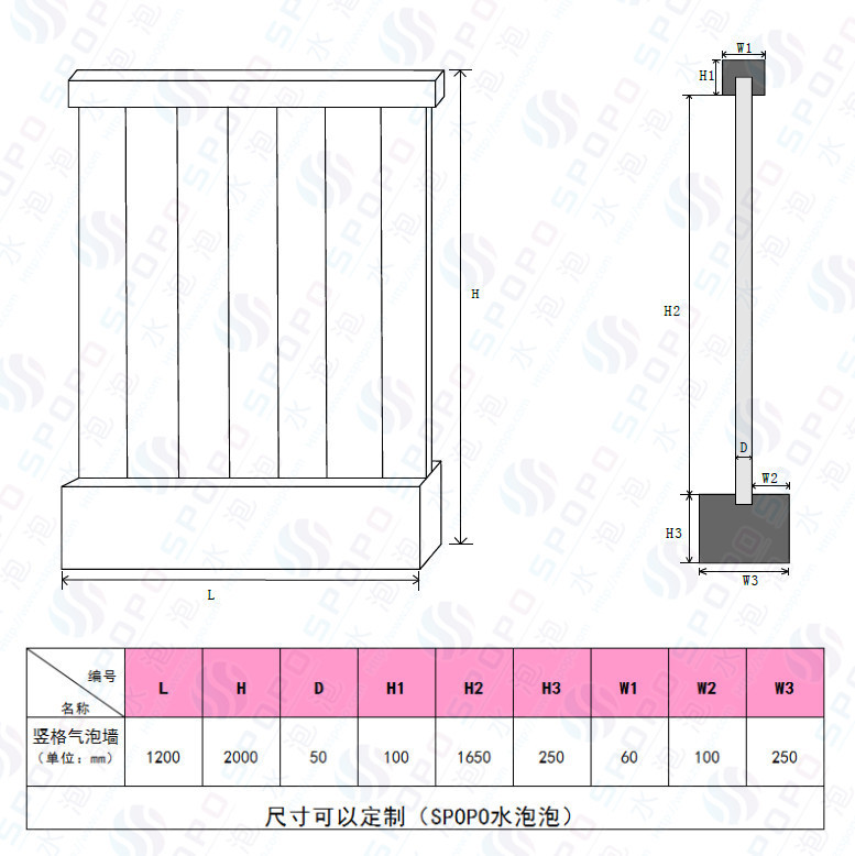 竖格气泡墙尺寸数据矢量图