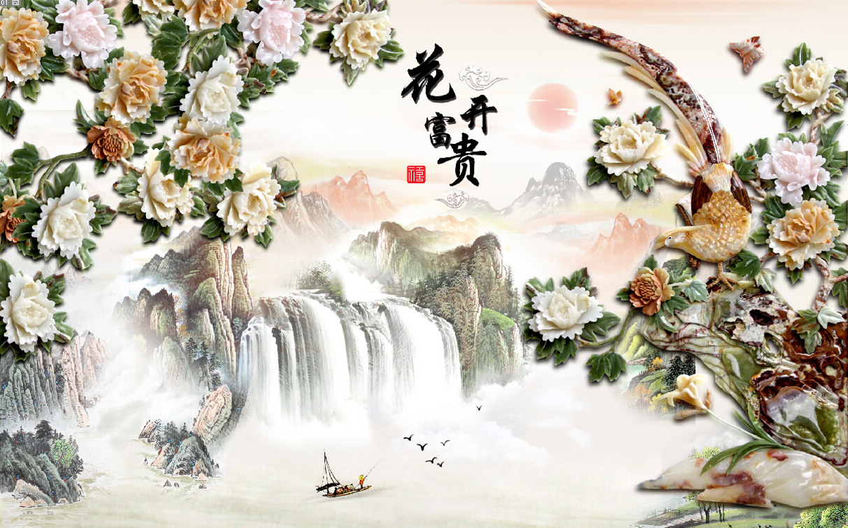 墙纸,壁纸-塞拉维 中式牡丹山水 花开富贵现代背景