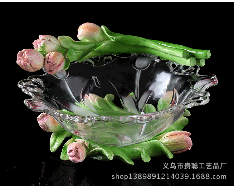 2014厂家直销树脂工艺时尚精美家居礼品摆件富贵郁金香配玻璃果盘