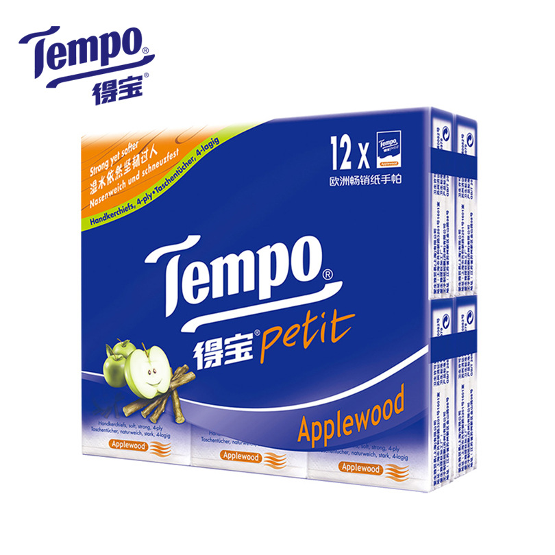 Tempo得宝4层加厚纸巾,迷你手帕纸,香型苹果木味12包,进口木浆