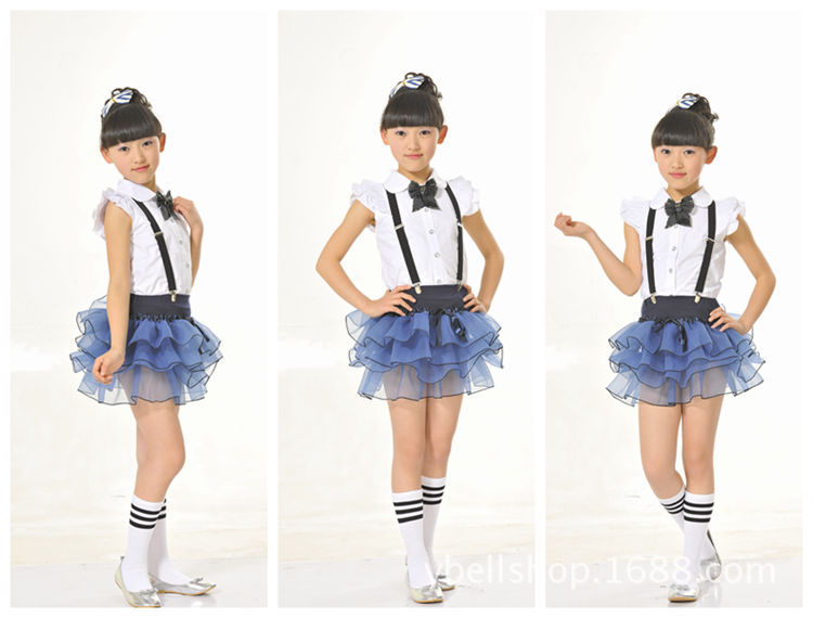 夏季儿童白衬衣蓝色领结短裙校服裙女童演出服运动服套装3-12岁图片