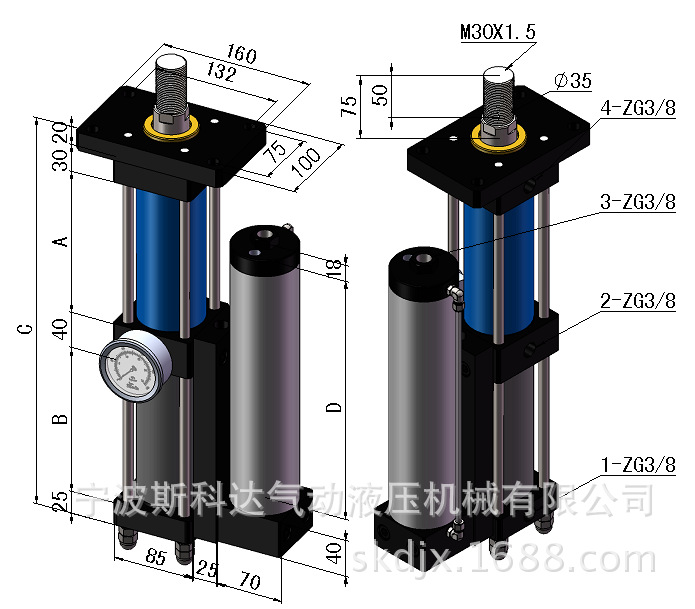 紧凑并列式增压缸 1.速度传送较液压快,且较气压稳定. 2.