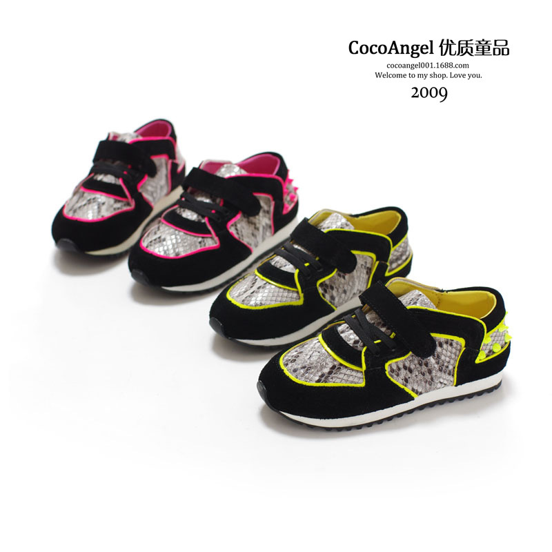 2014秋款 儿童休闲鞋 男童女童款铆钉蛇皮纹真皮拼接运动鞋