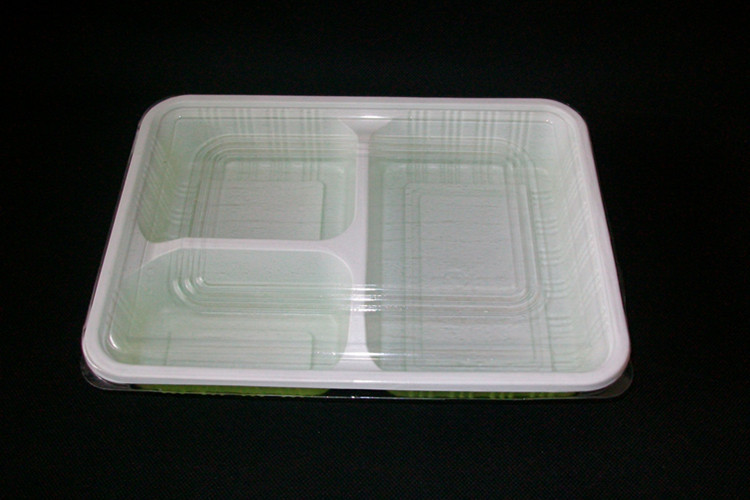 一次性塑料餐盒打包盒三格餐盒绿白三格600个/箱带盖批发